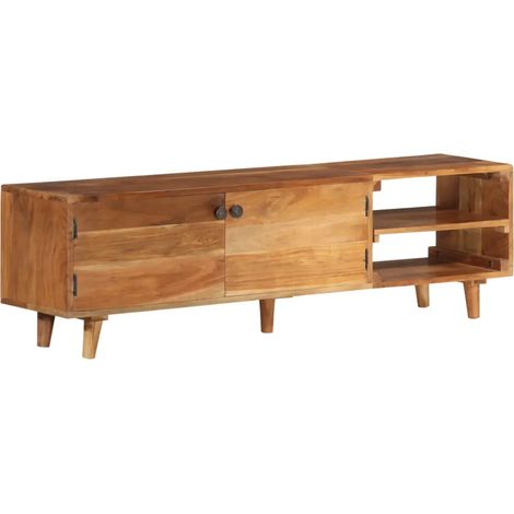 Meuble TV moderne en bois massif acacia 140 x 30 x 40 cm rangement optimal finition miel (1/5)