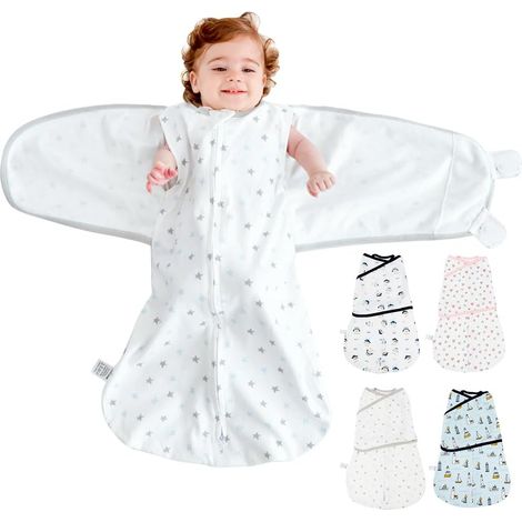 Couvertures D'emmaillotage Bébé, 3 en 1 Gigoteuse Naissance, Sac de Couchage Nouveau-né Grand Scratch, D'emmaillotage en Coton Doux Enfants, Swaddle Bebe Garçons Filles (Blanc, 2-4 mois)