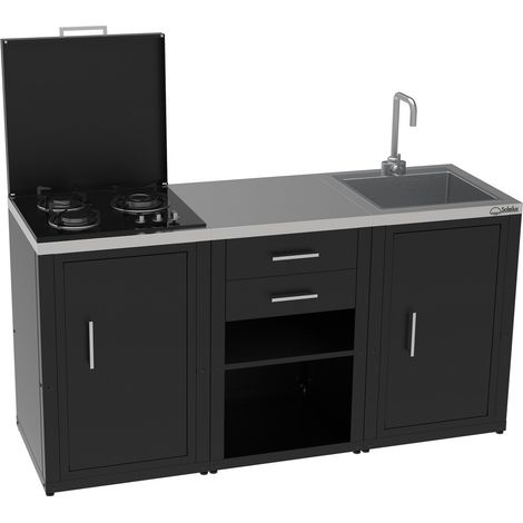 Set cucina da esterno a gas 3 elementi con lavello, rubinetto e tagliere con 2 cassetti estraibili - struttura in acciaio e piano in acciaio inox - Nero