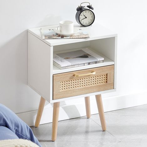 Table de chevet MDF blanc + naturel effet rotin 40x30x55 cm avec 1 tiroir (1/5)