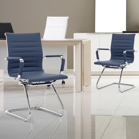 Wahson Set 2 Sedie Ufficio in Ecopelle Reception, Sedie Ufficio senza Ruote Cantilever con Braccioli, per Ospiti Visitatori Conferenza/Sala d'attesa, Blu