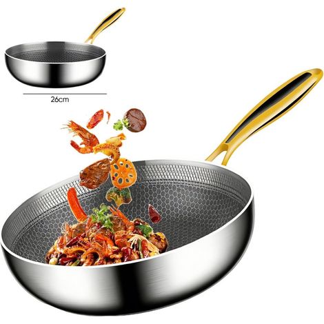 Poêle à frire - 26cm - Acier inox - Poêle à frire Chef en inox - Matériaux écologiques - Structure acier sept étages - Poignée dorée (1/5)