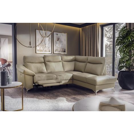 Canapé d'angle en cuir italien de luxe 5 places LUZERNE, avec relax électrique et coffre, beige, angle droit (1/3)