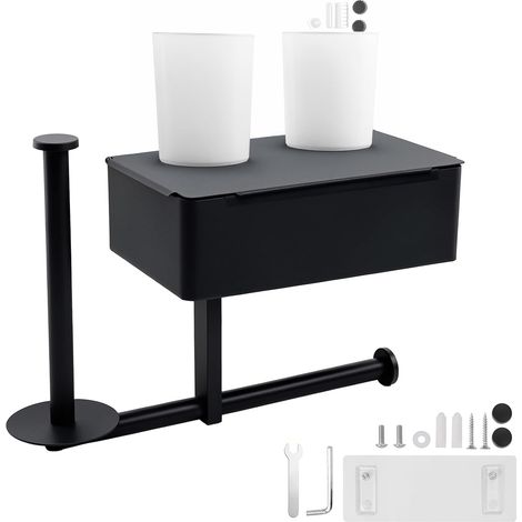 Porte-Papier Toilette sans Perçage, Porte-Rouleau Papier Toilette en Acier Inoxydable 3-en-1, Noir - à Visser ou à Coller - pour Salle de Bains, Cuisine et Toilettes (1/5)
