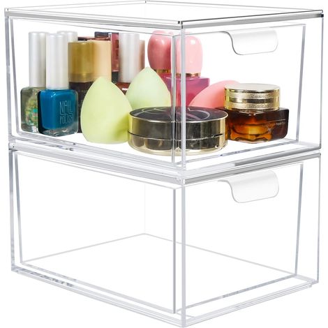 Lot de 2 organiseurs de maquillage avec tiroirs – Tiroirs de rangement empilables en acrylique transparent – 22 cm de haut – Pour cosmétiques, fournitures de beauté, salle de bain