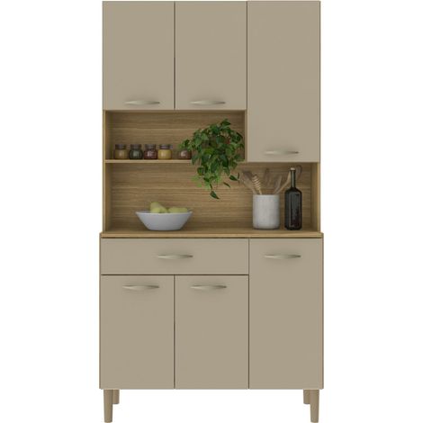 Beaux Meubles Pas Chers – Buffet de cuisine 6 portes 1 tiroir imitation chêne taupe – 7 niches – Dimensions L 90.9 x H 173.5 x P 36.3 cm – Bois certifié FSC (1/4)