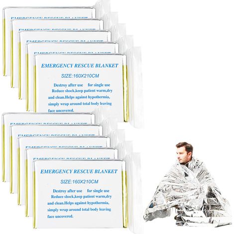 Mantas de emergencia reutilizables (10 unidades), resistentes al agua y al desgarro, térmicas, para exteriores, senderismo, supervivencia, maratones y primeros auxilios (doradas y plateadas, 160 x 210