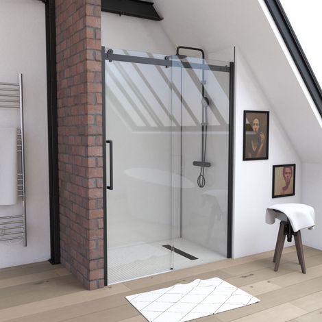 porte de douche coulissante type industriel coulissante noir mat - 120x200cm - verre trempe 8mm (1/5)