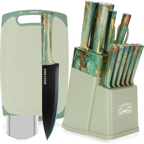 Couteau Cuisine, 16 pièces, Bloc couteaux de cuisine avec Affûteur Intégré, avec planche a decouper, ciseaux de cuisine et couteaux de chef, Couteaux et Ustensiles de Cuisine(Vert)