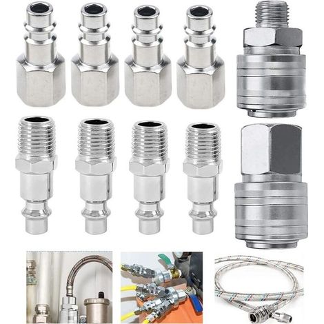 10 PCS Raccords de compresseur 1/4' BSP – Raccords rapides mâles et femelles – Acier nickelé résistant à la corrosion – Kit complet d'accessoires (1/4)