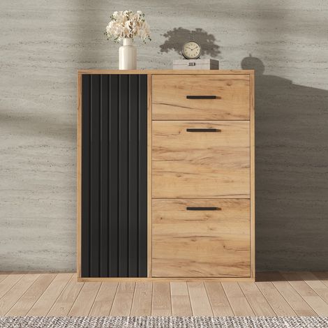 Schuhschrank 80 x 24 x 95,5 cm – Moderner Schuhschrank mit Schublade, Klappen und Tür – Schwarz und Natur (1/5)