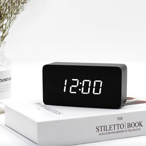 noir Numérique Réveil Bois Réglable Luminosité Contrôle Vocal LED Horloge Rectangle Affichage Temps Température Décor À La Maison (1/3)