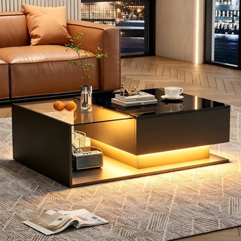Hochglanz schwarzer Couchtisch 100x50x32 cm - mit Glasplatte und Schubladen, kratzfest, mit 1 Schublade, mit LED-Beleuchtung, moderner Stil (1/5)
