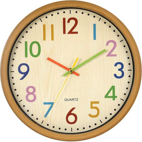 1 Horloge murale enfant, 30 cm, mouvement silencieux, chiffres colorés, cadre bois plastique, chambre (1/5)