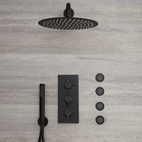 Hudson Reed – Colonne de douche thermostatique encastrable – Mitigeur noir mat avec contrôle thermostatique – Pommeau rond Ø30cm – Douchette et buses hydromassantes (1/5)