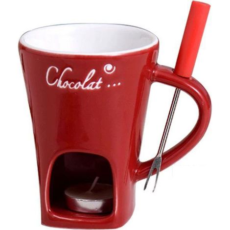 Juego de fondue de chocolate de cerámica con 1 taza, 1 tenedor y 1 vela. Bol para mojar de color marrón. Idea de regalo romántica para parejas. Dimensiones: 8,3 x 8,3 x 11 cm. (1/5)