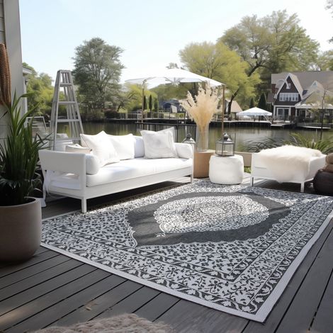 Tapis Oriental réversible résistant aux intempéries et imperméable - Design Vintage - Tapis d'extérieur Oriental pour Jardin, Balcon, terrasse, Salon - Noir - 80 x 150 cm (1/5)