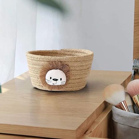 Förvaringskorg i bomull, vävd, vikbar, lejonmotiv for sivbord, kosmetika, snacks, fjärrkontroll, gul 16 x 9 cm