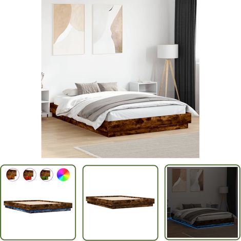 The Living Store Bettgestell mit LED Räuchereiche 120x200 cm - Holzbettfassungen - Betträume - Doppelbett - Einzelbett - Bettgestell (1/5)