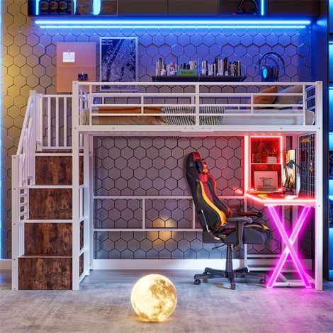 Lit mezzanine - 90 x 200 cm - LED intégrée - Bureau et armoire intégrés - Métal & MDF blanc (1/5)