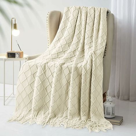 Couvertures tricotées à Plaid,lit Jeté de lit Couverture à Franges Décoration Couverture à Tricoter 150x200cm (Beige) (1/5)