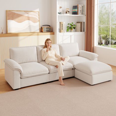 Sofá en forma de L Cloud, sofá modular de sección de 4 plazas con otomana, sofá moderno con reposabrazos/cojines decorativos, tela de chenilla transpirable, sofá en L para sala de estar, beige (1/5)