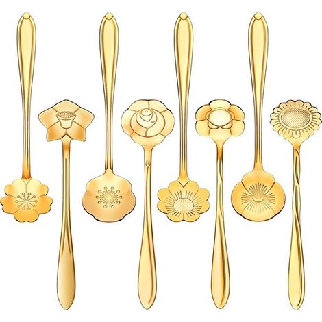 Juego de 8 cucharillas de café con forma de flor，12,5 × 2,6 cm，Cucharillas de azúcar de acero inoxidable，8 diseños diferentes，Dorado (1/5)