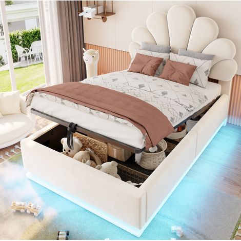 Stauraumbett 90x200 cm beige aus Samt mit Blumen-Kopfteil, LED-Beleuchtung und hydraulischem Stauraum (1/5)
