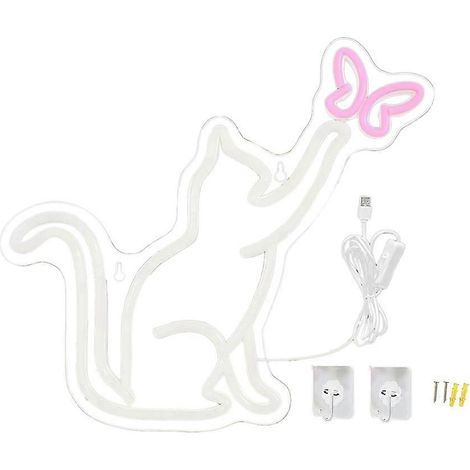 Neonlichtschild Katze, Schmetterling, Schmetterling, USB-betrieben, mit Dimmer, Wanddekoration für Kinderzimmer, Geburtstagsgeschenk für Mädchen. (1/5)