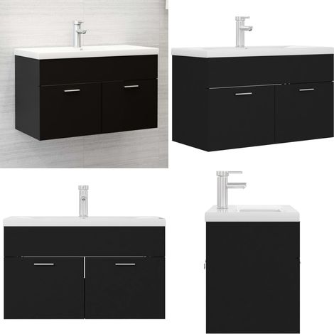 Armoire d'évier avec lavabo intégré Noir Aggloméré - Meuble De Salle De Bain - Armoire D'évier - Lavabo Intégré - Meuble Vasque - Rangement Salle De Bain - Home & Living