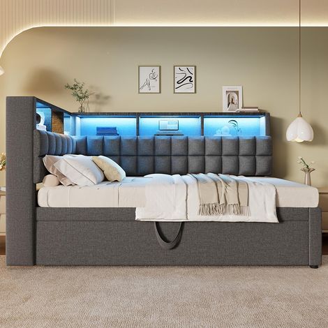 Lit rembourré 90x200 avec lit escamotable 90x190, LED, enceinte Bluetooth, ports de charge USB et Type-C, lin, matelas non inclus , gris (1/5)