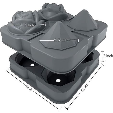 Bac à glaçons en silicone gris à 2 cavités, motif rose et diamant, avec moules à glaçons de 6,35 cm (2,5 pouces) (1/3)