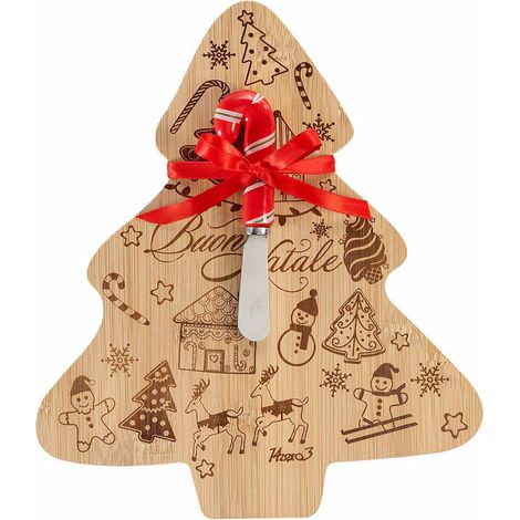 Set aperitivo formaggio con tagliere legno decorato ad albero di Natale in bamboo con coltello a bastoncino, set da 2 pezzi, Tagliere: 24,5 x 28 H