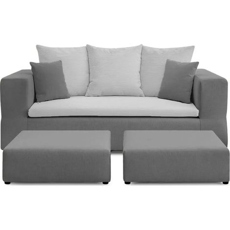 AMBRE - Canapé droit convertible bi matière avec deux poufs 4 places - Gris