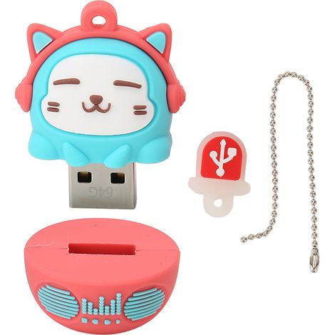 Clé USB 2.0 64 Go Motif Chat Animé en PVC Anti-choc, Plug-and-Play pour Téléphone et Ordinateur Portable, Bleu et Rouge (1/5)