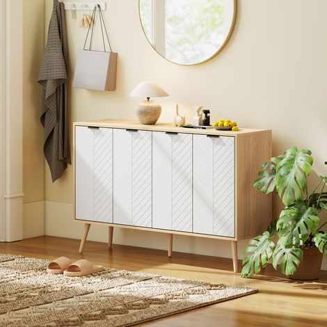HOMCOM Buffet Bas Rangement – 2 Placards 4 Portes Motif Chevrons, Étagères Réglables, Blanc (120x35x77,4cm) (1/5)
