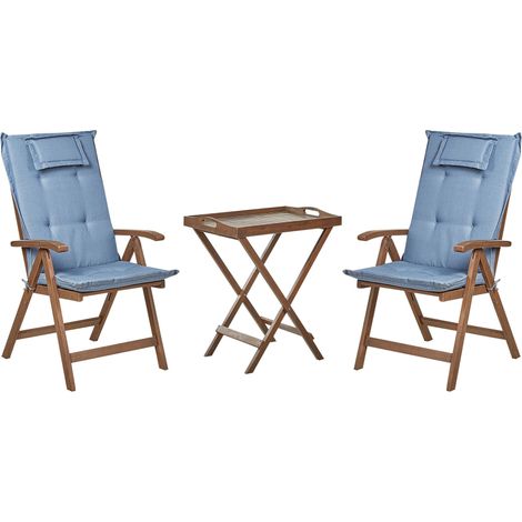 Set da balcone con 2 sedie da giardino regolabili in legno di acacia e cuscini blu Amantea (1/5)