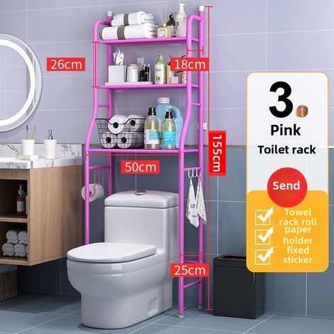Étagère de rangement pour toilettes rose à 3 niveaux, sur pied, rangement multifonctionnel à poser sur le dessus des toilettes, sans perçage, organisateur de salle de bain