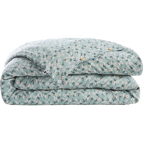 ALLISON - Housse de Couette 140x200cm Gaze de Coton Coloris Bleu Motifs Fleurs (1/5)
