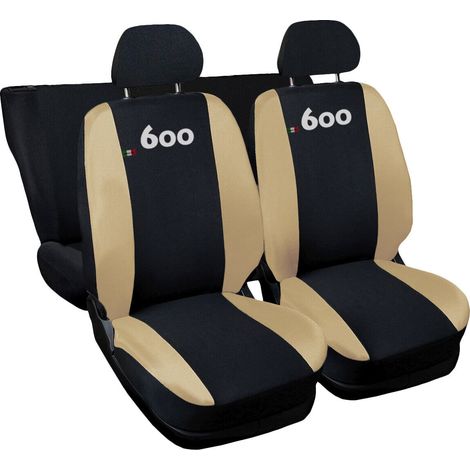 Lupex shop - Coprisedili Auto Compatibili per 600, Made In Italy, set di copri sedili anteriori e posteriori con copri poggiatesta incluso, tessuto poliestere, Nero - Beige