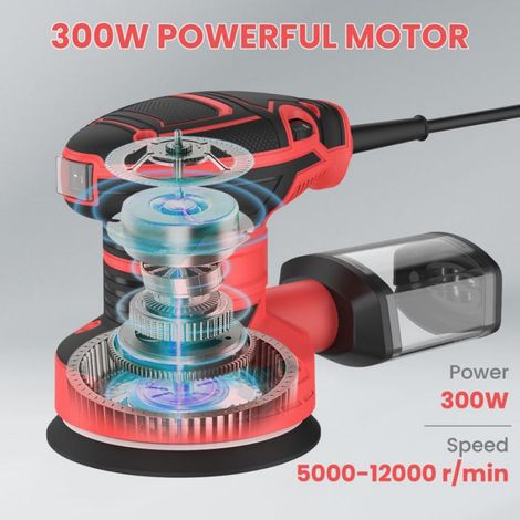 Ponceuse Excentrique 300W 125mm, 12000RPM, 5000-12000r/min 6 Vitesse Réglable, 5 Disques Abrasifs + Tampon Mousse et Laine-rouge (1/5)