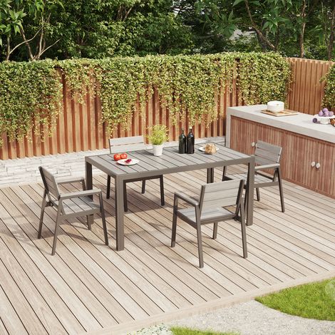 Devoko – Salon de jardin 5 pièces – Ensemble résistant aux intempéries – Table 150 cm et 4 chaises en aluminium – Finition grain de bois, facile d'entretien, gris (1/5)