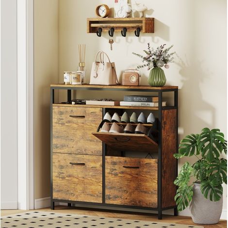 Schmaler Schuhschrank mit 4 Klappschubladen und offenem Ablagefach, 98 x 24 x 95 cm, braun HAVRYA (1/5)