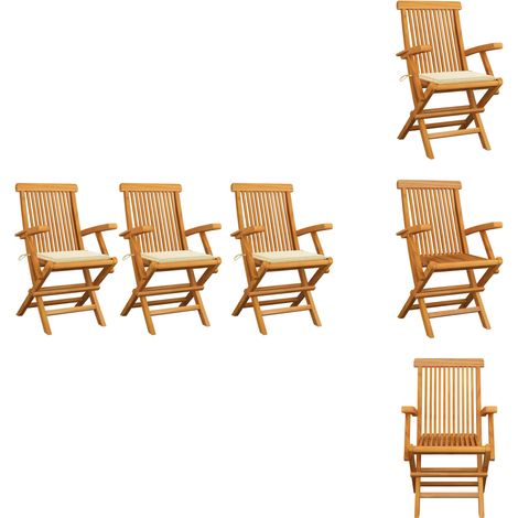Gartenstühle mit Creme Kissen 3 Stk. Massivholz Teak - Gartensessel - Gartenmöbel - Teak Gartenstuhl - Holzsessel - Outdoor Sessel (1/5)