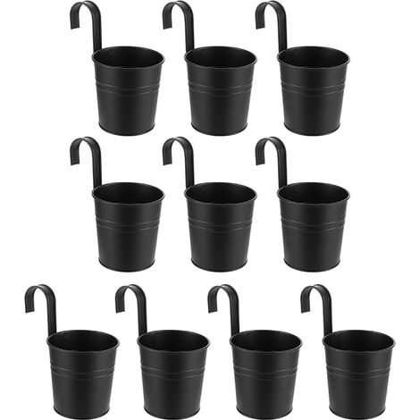 10 x Metal Hanging Flower Pots with Hooks for Outdoor Decoration, Balcony, Garden, 10 x 10 cm, Black (1/5)