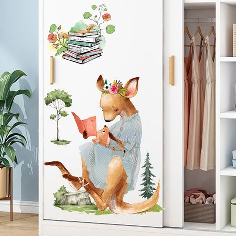 2 Pack Forêt Kangourou Lecture Dessin Animé Animaux Amovible Décoratif PVC Stickers Muraux Salon Chambre AutoAdhésif Image (1/5)