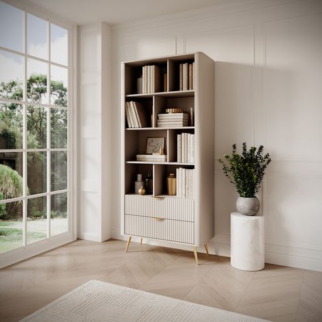 Estantería Kabavasi, Biblioteca con 2 Cajones, 4 Estantes, con Patas, 88x38x194h cm Beige (1/5)