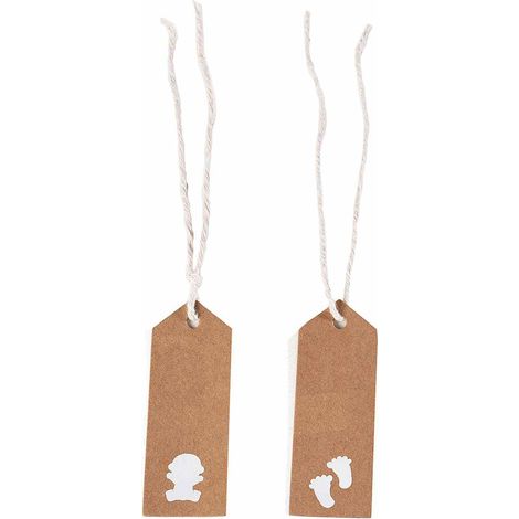 Confezione 50 tag in carta naturale con stampa nascita e cordino bianco, set da 4 pezzi, cm 2,5 x 7 H (con cordino 18)