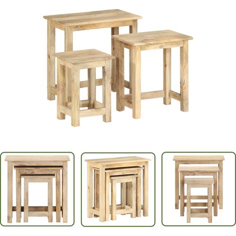 The Living Store Satztische 3 Stk. Massivholz Mango - Mangoholz Tisch - Wohnzimmer Deko - Couchtisch - Beistelltisch - Satztisch (1/5)