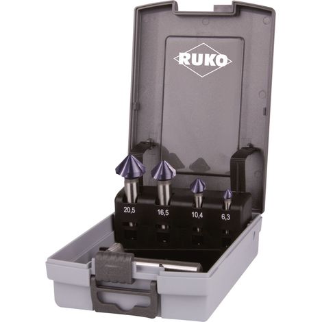 RUKO Jeu de fraises coniques à chanfreiner et ébavurer DIN 335 Forme C 90° HSS-TiAlN en cassette plastique - 5 pcs - 102154FRO